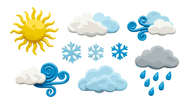 Colorful clay weather icons set with sun, clouds, snow and rain