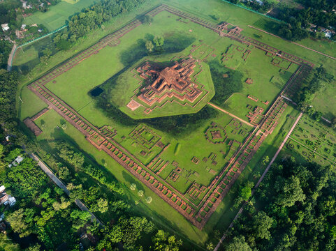 Aerial view of the ancient Sompur Mahavihara archaeological site with its central cruciform temple and brick ruins in Naogaon District, Rajshahi Division, Bangladesh.