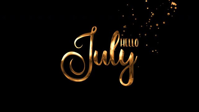 Gold metallic text hello july cursive lettering on black background suitable for greeting cards, social media posts, and seasonal designs.