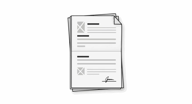 Stack of documents with text, boxes, and a signature
