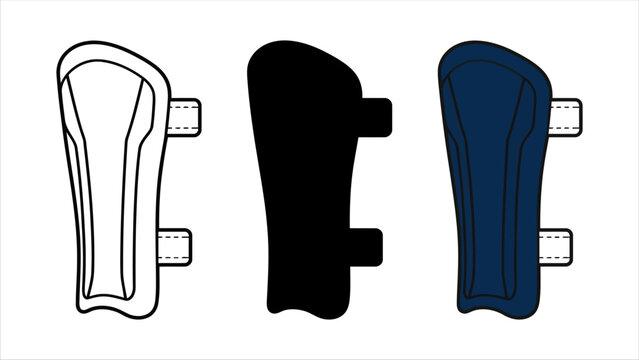 Vector illustration of soccer shin guards in three different styles including outline silhouette and colored icon.