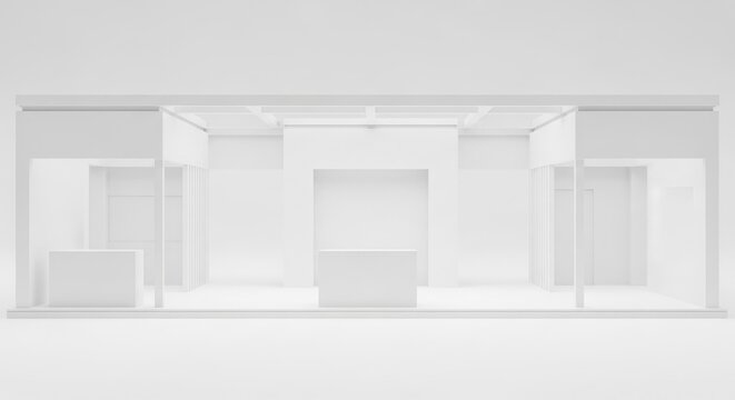 Empty white exhibition stand with multiple sections and counters, ready for branding and display.