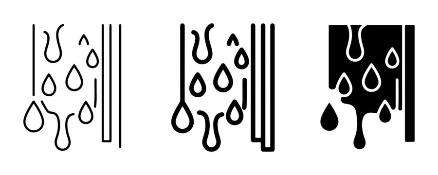 Dripping Water Icons, Liquid Flow Symbols, Wetness and Moisture Vector Graphics