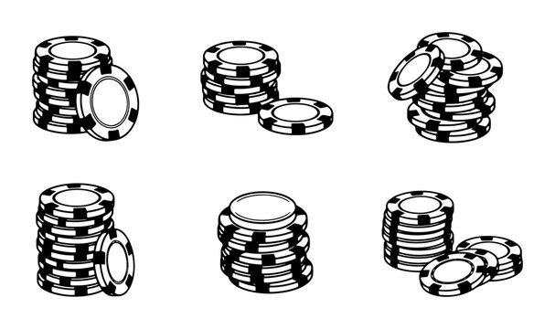 Casino Poker Chips, Gambling Tokens, Stacked Chips, Vector Icons Set