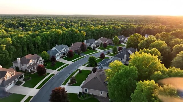 Aerial view of luxury suburban houses nestled in a lush green forest during a golden sunset