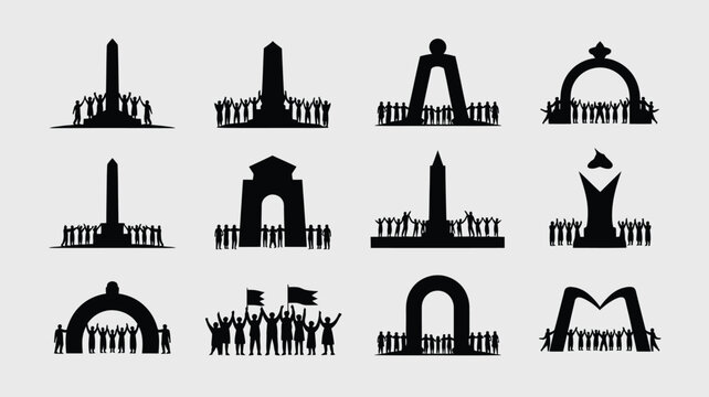 Monuments and landmark icons with people holding hands standing around stone architecture.