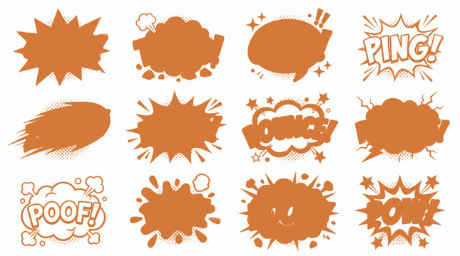 Orange comic book speech bubble silhouettes and sound effects.