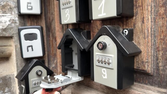 Woman retrieving apartment key from secure lockbox using access code for self check in rental accommodation