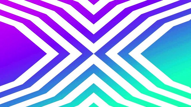 Purple and cyan shifting background framing a bold white geometric cross design expanding outwards.