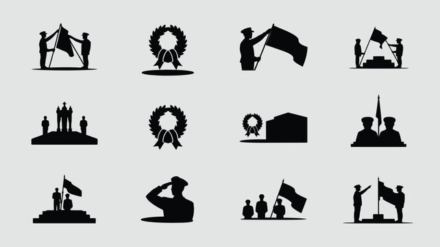Military parade veterans day concept, memorial day black silhouettes, army soldier honor ceremony.
