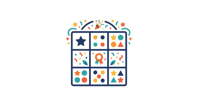 Colorful Bingo Card with Celebratory Confetti and Symbols