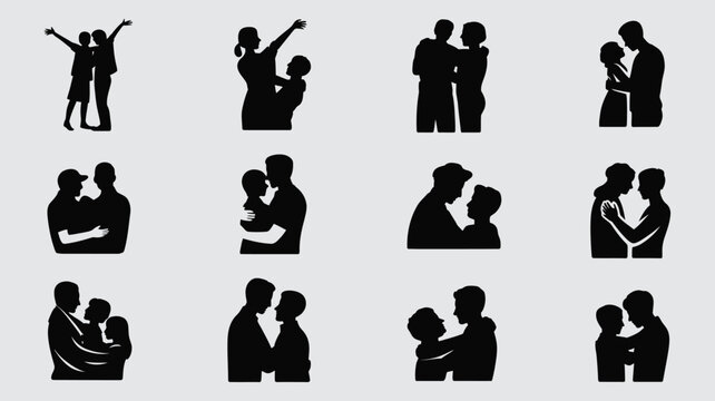 Set of black silhouettes showing various intimate human relationships and tender interactions.
