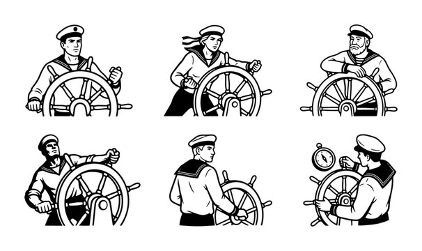 Sailor Steering Ship Wheel, Nautical Navigation Icons, Maritime Control Vector Set