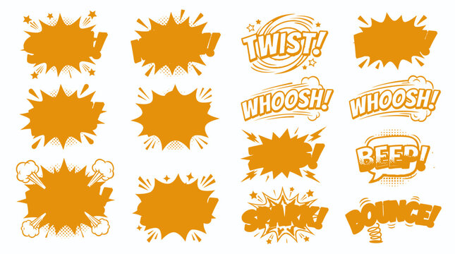 Orange comic book style speech bubble stickers and shapes.