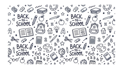 Naklejka premium Back To School Doodle Pattern: A whimsical collection of hand-drawn illustrations depicting school supplies, books, and the iconic Back to School phrase, perfect for educational and creative projects.