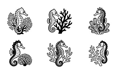 Seahorse Coral Vector Icons, Marine Life Illustrations, Nautical Emblem Set, Ocean Creature Graphics © Kawsar