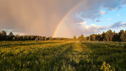 Obraz premium Vibrant rainbow arcs over lush green field with trees in the background, showcasing a serene landscape under a partly cloudy sky during golden hour