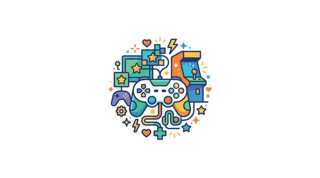 Colorful gaming icons with controller and arcade machine illustration