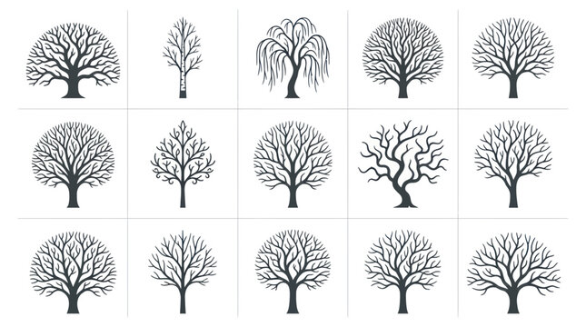Collection of Stylized Tree Silhouettes in Winter or Bare Season