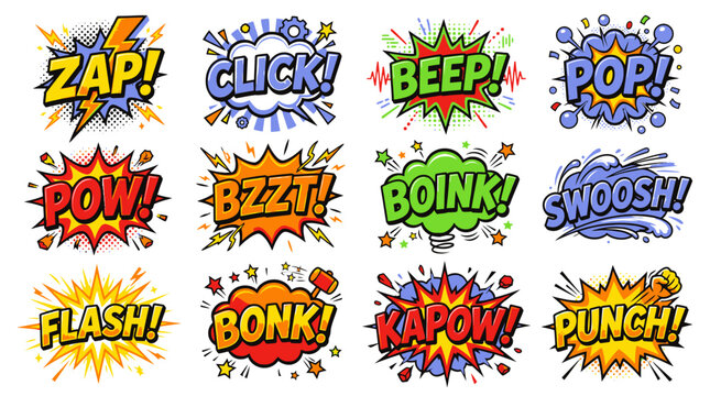 Retro comic book action words in colorful bubbles.