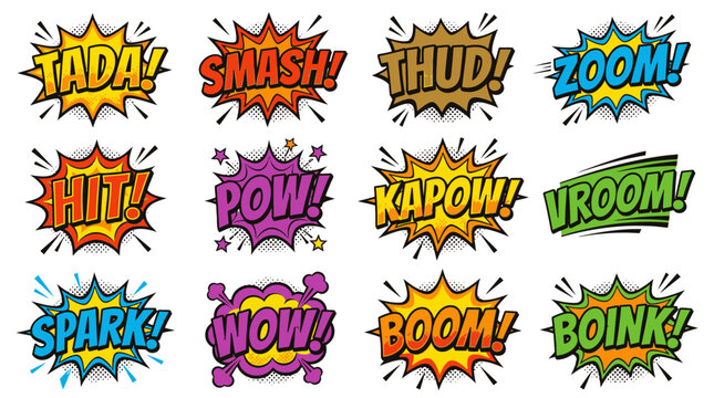 Retro comic book action words like tada smash and zoom.