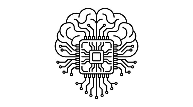 Artificial intelligence brain icon with central microprocessor chip.