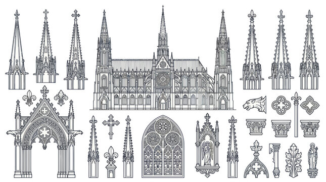 Gothic Architecture Elements - Cathedral Facade, Spires, Arches, Window, Crosses