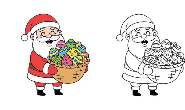 Funny Santa Claus holding basket of colorful Easter eggs. Cartoon vector illustration with black and white coloring book page outline. Holiday crossover concept.