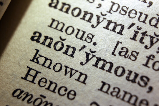 Word anonymous on dictionary page, macro close up