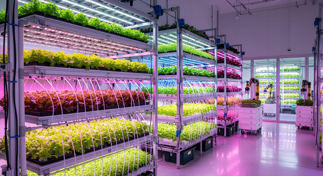 Indoor hydroponic farm with rows of leafy greens growing under led lights in a controlled environment