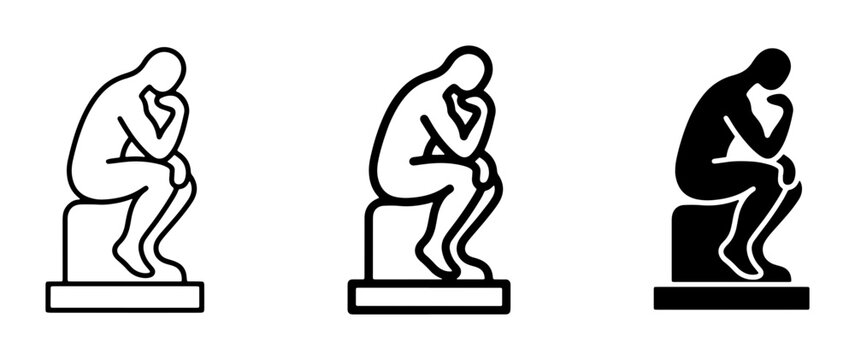 The Thinker Sculpture Icons: Silhouette, Outline, and Line Art for Philosophy and Contemplation