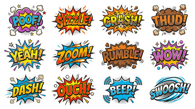 Retro comic book action words with Poof and Sizzle.