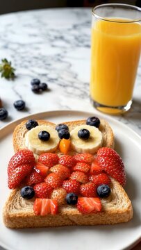 Colorful owl-shaped toast decorated with strawberries, blueberries, and banana slices, served with a glass of orange juice on a marble countertop