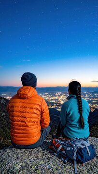 Two individuals sitting on a rocky outcrop, gazing at a starry night sky over a city illuminated by lights in the distance, showcasing a serene outdoor experience