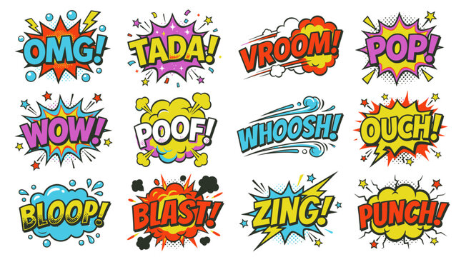 Vibrant multi-colored comic sound effect sticker set.