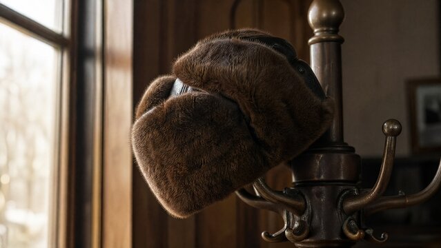 Deep brown bearskin ushanka hat resting on a dark wooden coat rack.