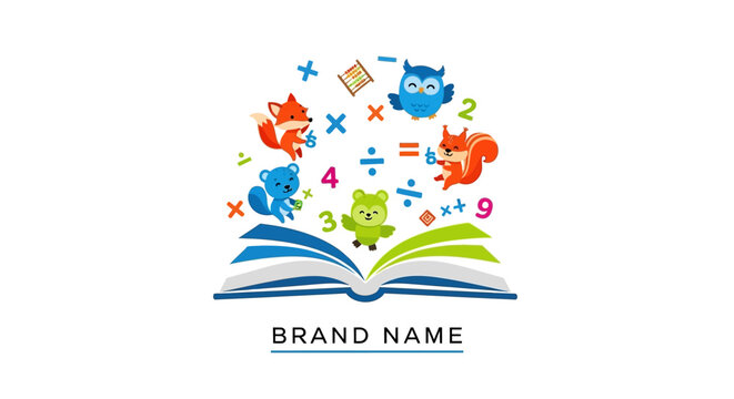 Colorful cartoon animals and math symbols flying from an open book.