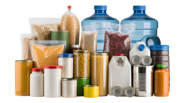 Assortment of non-perishable food items including canned goods and bottled water food bank donation