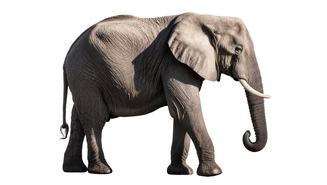 African elephant with tusks walking, side view