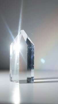 Crystal prism refracting light creates a vibrant rainbow spectrum on a smooth surface, showcasing the interaction of light and glass in a bright setting