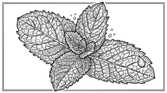 Detailed Mint Leaves and Peppermint Illustration for Adult Coloring with Intricate Mandala Patterns and Zen Botanical Line Art Design