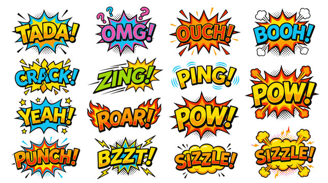 Retro comic book onomatopoeia and colorful speech bubble icons