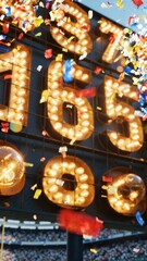 Fototapeta premium Bright scoreboard displaying changing numbers with colorful confetti falling in a lively stadium atmosphere during a sports event celebration