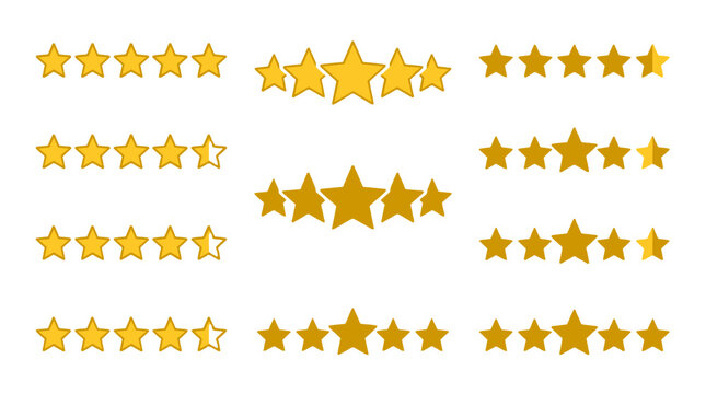 Set of golden star rating icons in different five star styles