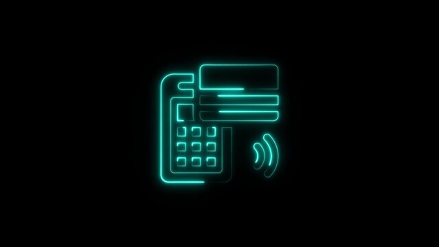 Glowing cyan neon contactless card reader icon on black background with contactless wireless transaction terminal