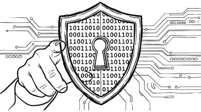 Cybersecurity Shield with Data Protection Binary Code and Circuit Board Background for Network Security and Digital Information Privacy Concepts