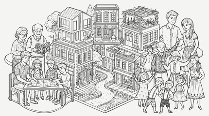 Obraz premium Detailed Family and Community Neighborhood Coloring Page Featuring Multiple Generations Exploring Urban Architecture and City Planning Layout