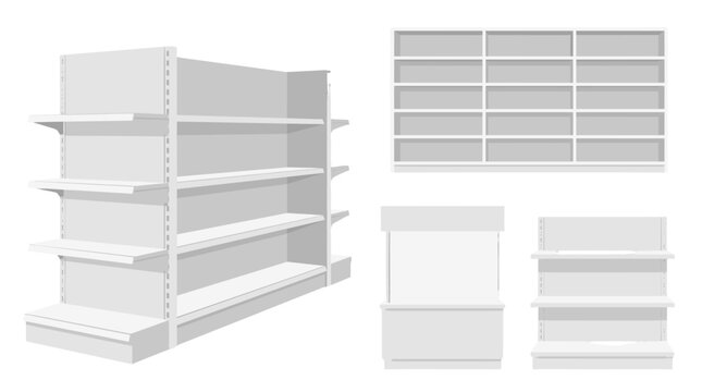 White retail shelving and display rack set illustration