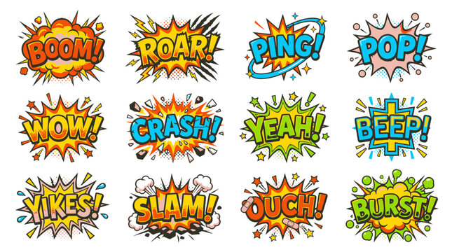 Retro comic book onomatopoeia collection with boom and crash.