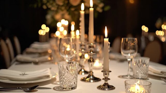 Elegant dinner table setting with lit taper candles and crystal glasses for a wedding reception or gala